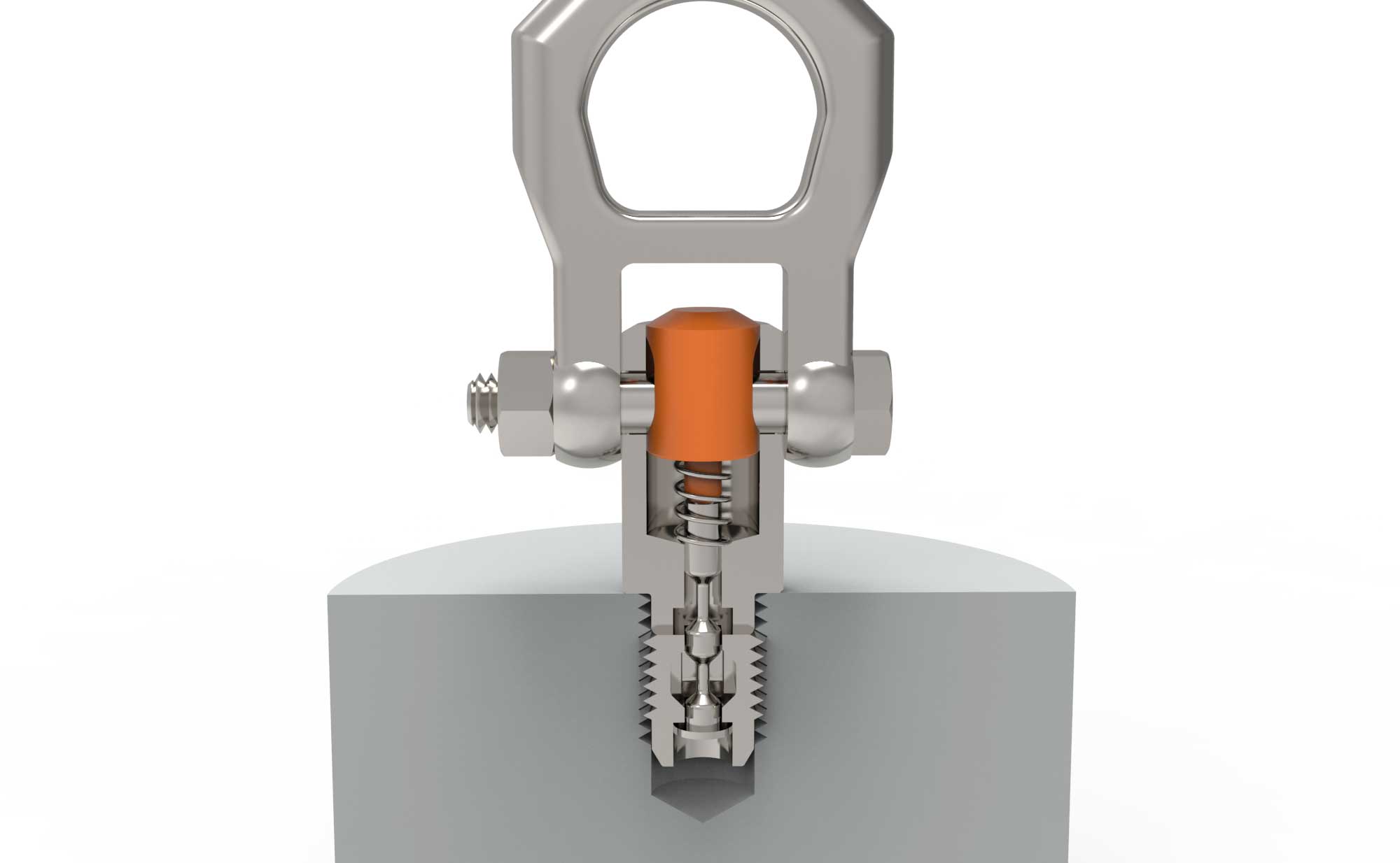 Cross section of threaded lifting pin mechanism